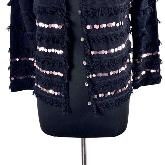 EDINBURGH KNITWEAR 100% WOOL FRINGE IRIDESCENT SEQUIN STRIPE CARDIGAN SWEATER - Picture 7 of 13
